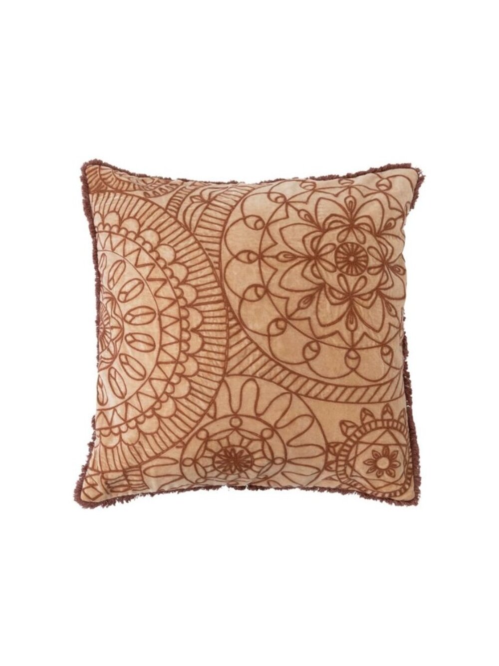 20 Inch Stonewashed Cotton Velvet Pillow with Embroidery Brown NEW